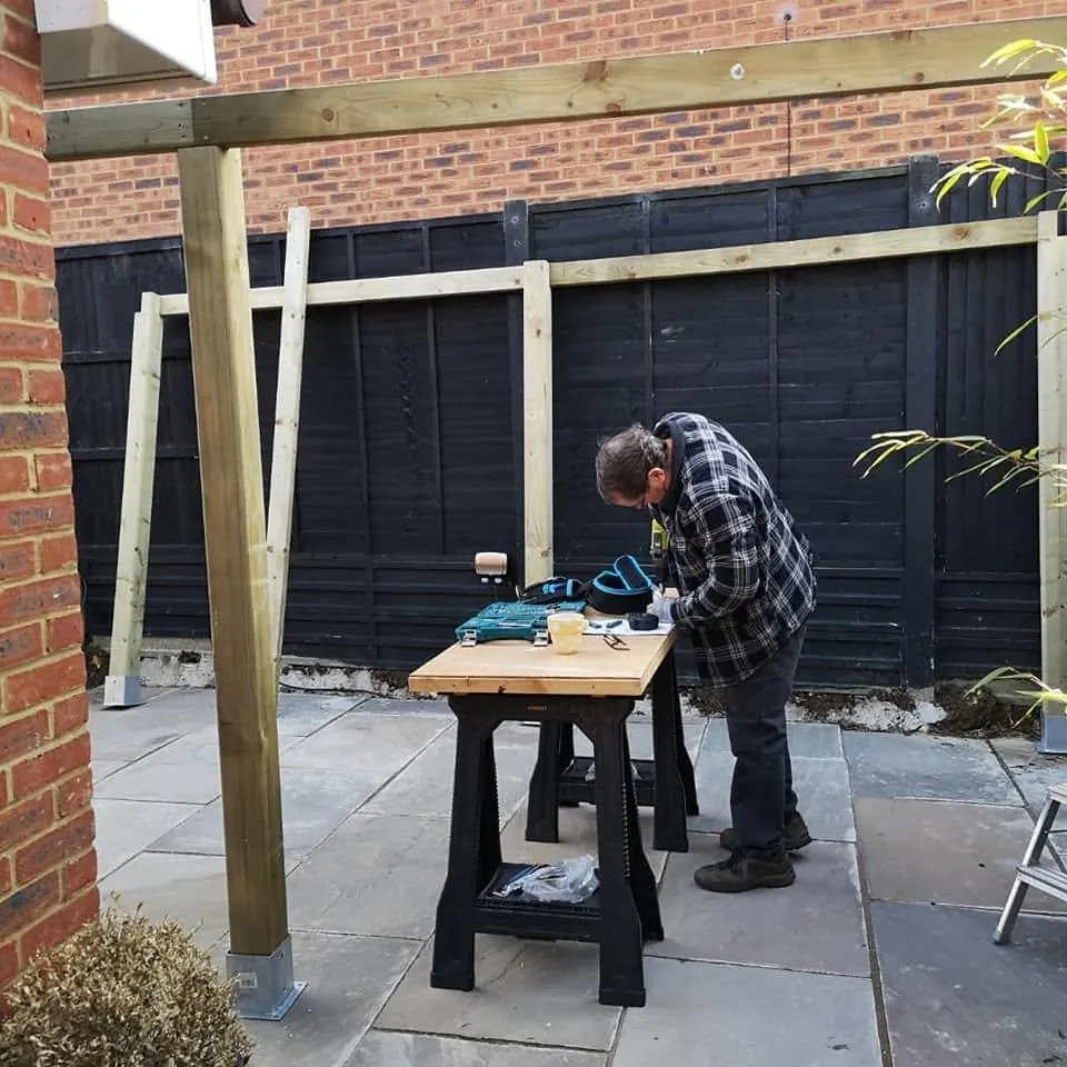 Garden gazebo posts and frame during construction